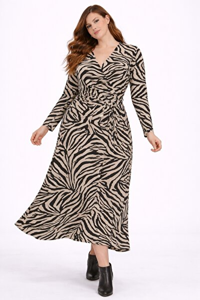 Şans Women's Plus Size Black-Mink, Closed Wrap Zebra Pattern Viscose Dress 65...