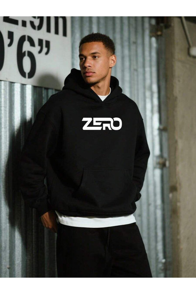 Rivox Men's Black Hooded Oversized Sweatshirt Zero Printed