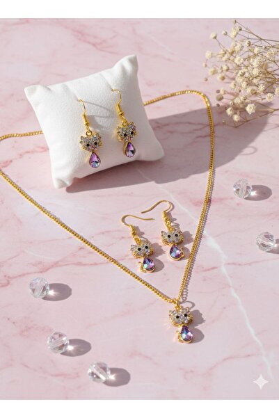 Shiklik Long Chain Stone Cat Figured Jewelry Set - 60 cm Necklace Earring Set