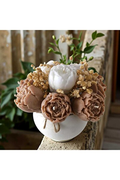 MODA Kahverengi Beyaz Mum Çiçek Buketi – El Yapımı Taş Tozu Vazo, Kokulu Soya...