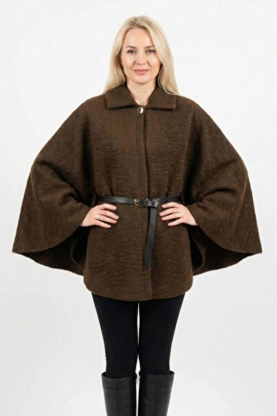 LİYACA Women's Belted B Peter Pan collar Plush Fabric Poncho