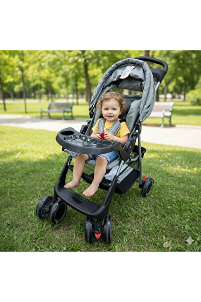 Baby stroller عربة أطفال مريحة بوضعيات متعددة - تصميم عصري كاروهات رمادي مع ص...