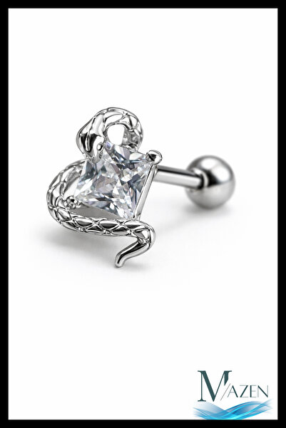 MAZEN Kare Zirkon Taşlı Yılan Tragus Helix Piercing | Viper Square | 316L Çel...