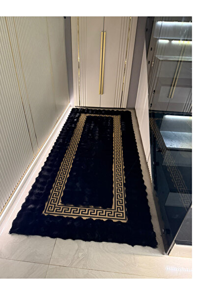 Deri Halı Dünyası Gold Varaklı Siyah Bubble Peluş Halı