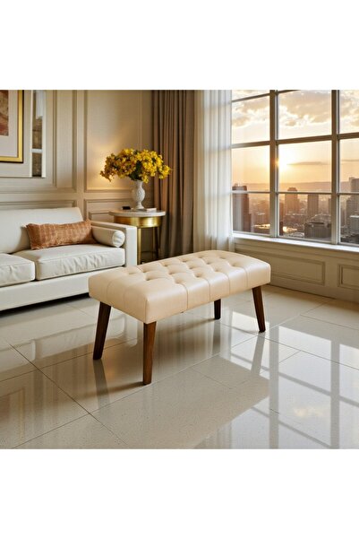 fursimo CHELSEA SERİSİ DERİ CHESTER AHŞAP AYAKLI BENCH PUF – 90×45 cm