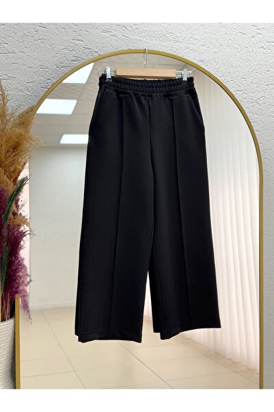 MİHRA STORE Zayna Wide Leg Striped Scuba Diving Pants-Mt3555 Black