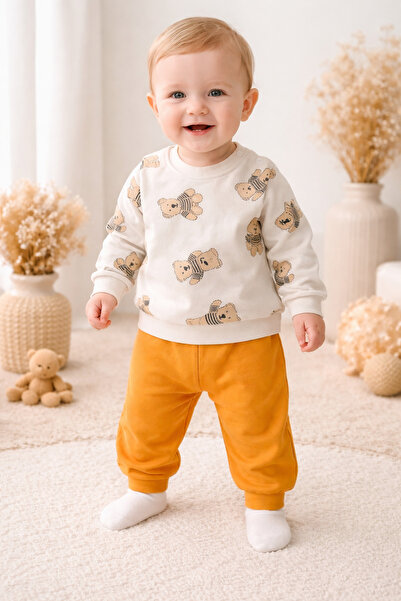 moukou Ayıcık Desenli Bebek Takımı %100 Pamuk Penye- Rahat Günlük