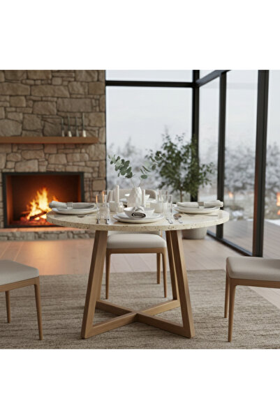 Carpinus Gürgen Ayaklı Traverten Tablalı Yuvarlak Yemek Masası 100 cm