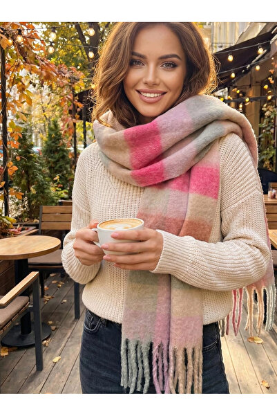 sky Cashmere Soft Touch Wool Scarf with Plaid Pattern