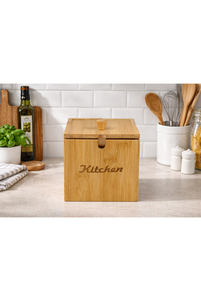 ALLEGRI Bambu Kare Şekerlik Tuzluk Çok Amaçlı Mutfak Kapaklı Saklama Kutusu B...