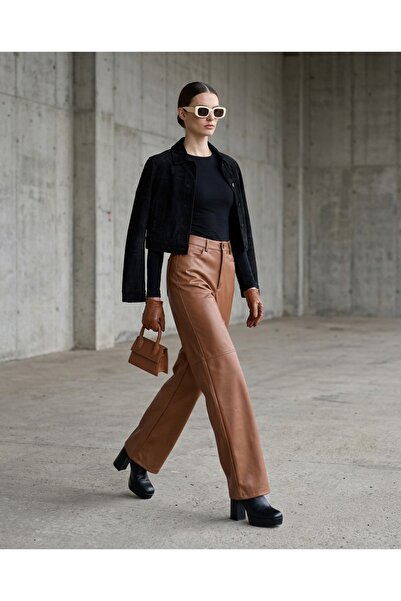 Grenj Fashion Tan Relaxed Leather Trousers with Pipe Leg Stitching Detail