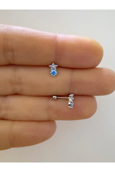 Arescollection 1 ADET MAVİ ZİRKON TAŞLI ÇELİK TRAGUS HELİX LOBE UYUMLU PİERCİNG