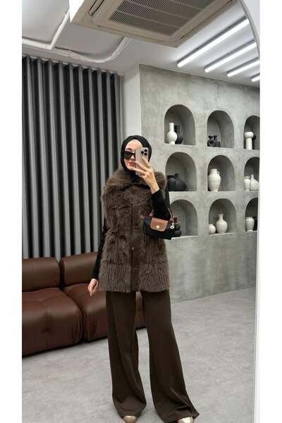 Cardella Premium Oversized Fur Detailed Vest Set Scuba Suit |   Hijab Friendl...