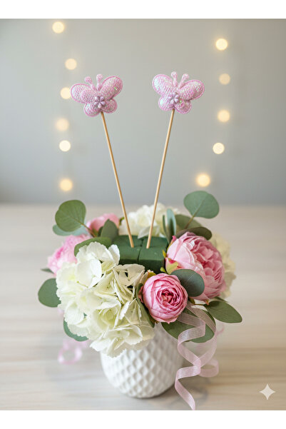 Deniz Party Store Pembe parlak taşlı Kelebek Uzun Kürdan 16 Cm 10 Adet