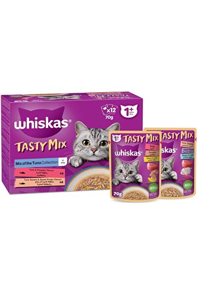 Whiskas مزيج لذيذ من التونة في الجيلي، 12 عبوة × 70 غرام طعام رطب للقطط