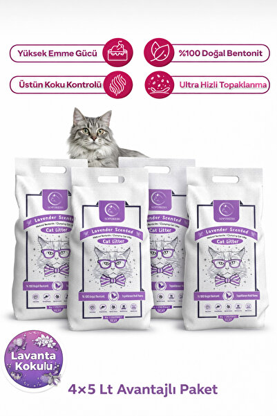 SOPHRESH Lavanta Kokulu Topaklanan Kedi Kumu 4x5 Lt/%100 Doğal Bentonit