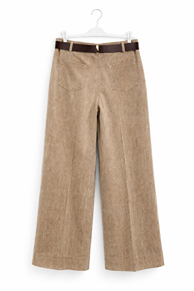 günay boutıque Belt Detailed Wide Leg High Waist Trousers-Beige