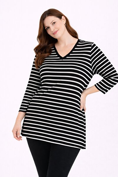 Şans Women's Plus Size Black, Three Quarter Sleeve, V-Neck Striped Blouse 65N...