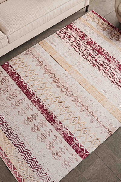 Serente Home Etnik Desenli Makine Halısı Yıkanabilir Kaymaz Taban Mürdüm Bej ...