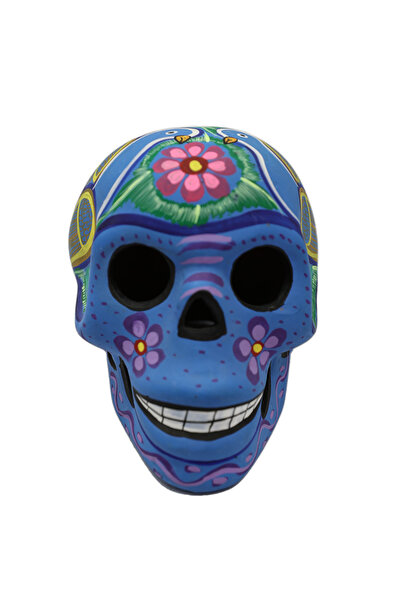 Generic Mexican Folk Art Skull Clay Pottery Object - Matte Blue