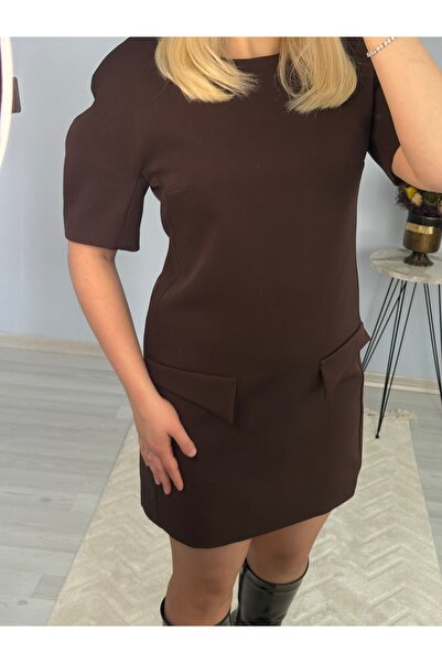 ElifÇakıl Acı Kahve Cep Detaylı Vatkalı Elbise