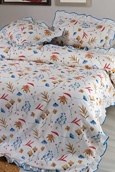 GÖRMEZ TEKSTİL Soft 100% Cotton Ruffled Single Duvet Cover Set Botanic Breeze