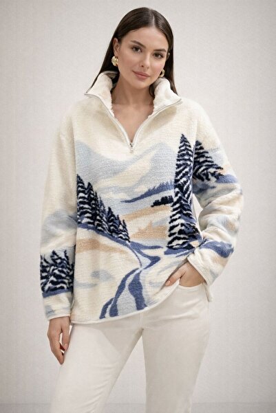 Vesua MAVİ DAĞ DESENLİ YARIM FERMUARLI DİK YAKA POLAR