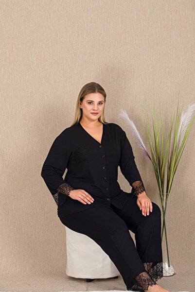 REN Set de pijamale negre pentru femei, mărime mare, cu nasturi și mâneci lun...