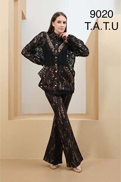 RED WOMAN FASHİON Three-Piece Set with Inner Blouse, Lace Shirt and Leopard P...