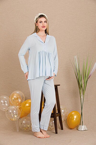 REN طقم بيجامة للحوامل مكون من قطعتين بأكمام طويلة، مع أزرار للرضاعة، وياقة قميص