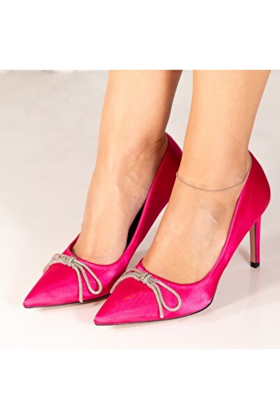 Sofia Store Pantofi dama cu toc subtire din material satinat cu funda decorat...