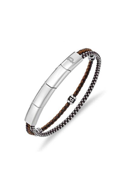 Police Twinrow Bracelet - Double Row Brown Leather and Cord with Grey-Metal P...