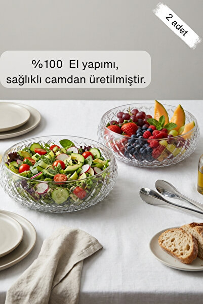 Glamis Selen Concept Kafes Model El Yapımı Orta Boy Cam Salata Kasesi 2'li