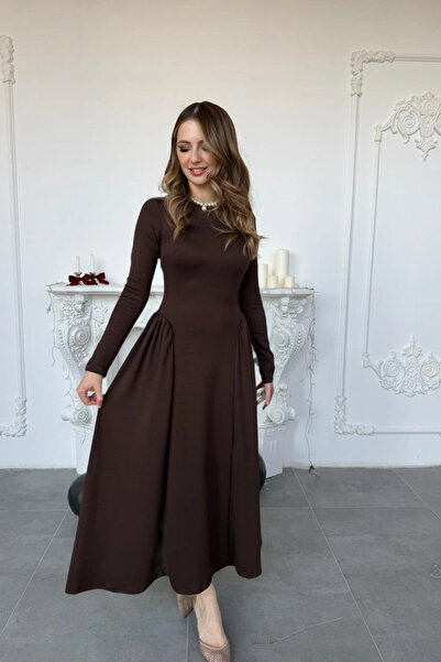 HELİS BUTİK Scuba Brown Dress with Gathered Sides, Crew Neck, Long Sleeves