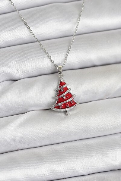 Pazarcan 316L Steel Chain Silver Color Red Pine Tree Model Christmas Themed W...