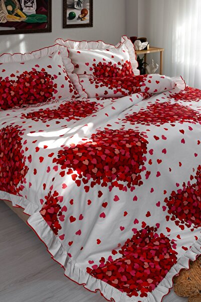 GÖRMEZ TEKSTİL Soft 100% Cotton Ruffled Single Duvet Cover Set Heart Rain