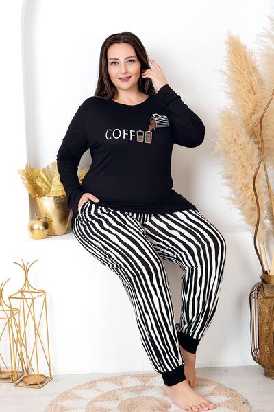 REN طقم بيجامة نسائي أسود مخطط مقاس كبير، قطعة علوية بأكمام طويلة مطبوع، قطعة...