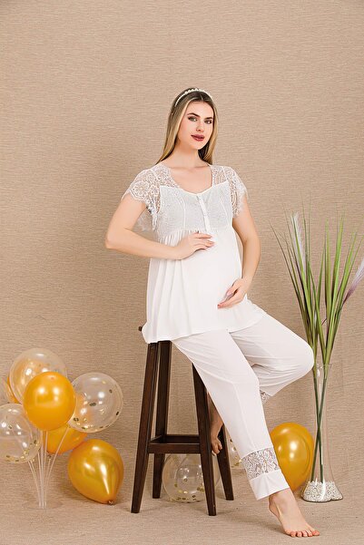 REN Women's 2-piece maternity postpartum pajama set, nursing button-down, lac...