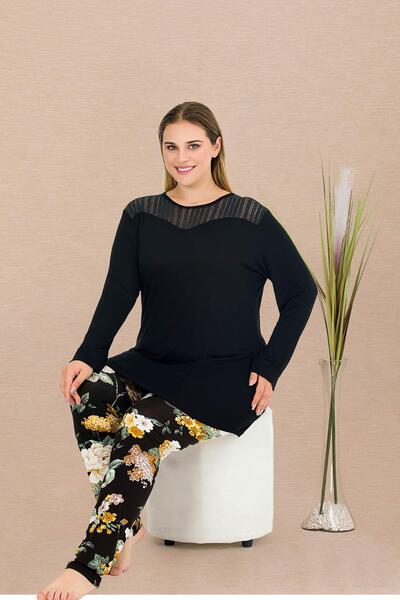 REN طقم بيجامة نسائي أسود كبير الحجم، قطعة علوية بأكمام طويلة بلون سادة، قطعة...