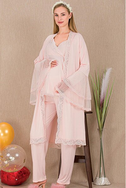 REN Women's Tulle Guipure Detail 3-Piece Maternity Pajama Set, Long Maternity...
