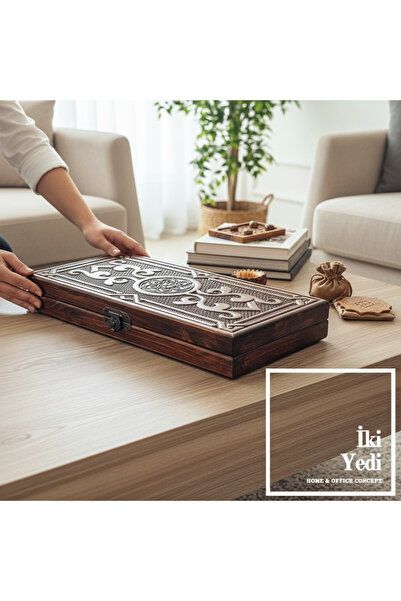 İki Yedi Konsept Lauren Oymalı Motifli Masif Ağaç Ahşap Tavla Takımı Antik Te...