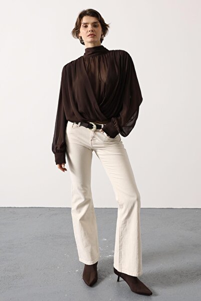 cemo Drape Detaylı Dik Yaka Volanlı Şifon Bluz