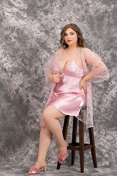 REN Women's 2-Piece Short Satin Nightgown Transparent Dressing Gown Set