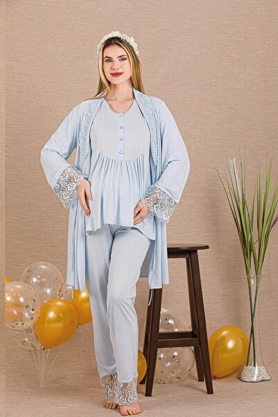 REN Women's Lace Detailed 3-Piece Maternity Pajama Set, Maternity Maternity D...