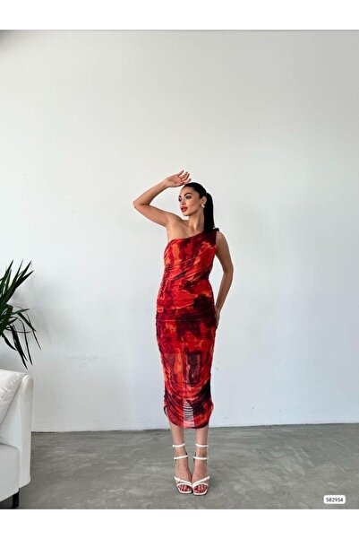 Modafeminen Rochie midi cu model cu un singur umăr, cu șnur, portocaliu 582954