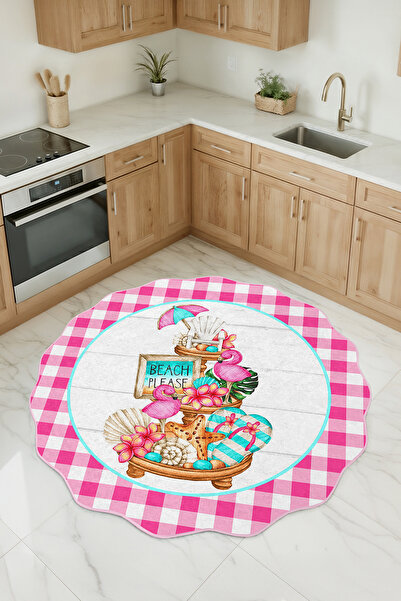 Realhomes Tropikal Flamingo Temalı Özel Kesim Yuvarlak Yıkanabilir Kaymaz Tab...