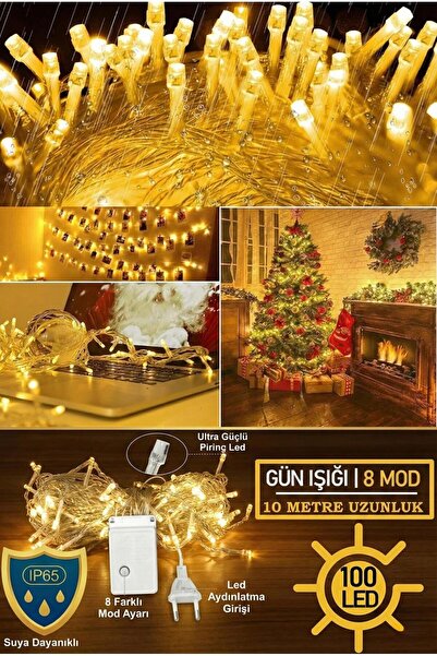 VOLEMİ 100 led Fişli Pirinç Led 10 Mt Sarı 8 Modlu Şerit Led Dekor Lambası An...