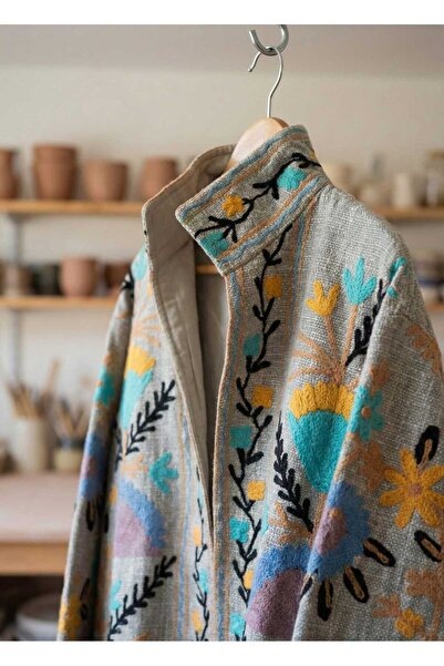 Yoncha Kadın Ceket Nakış Detaylı Dokuma %100 Pamuklu