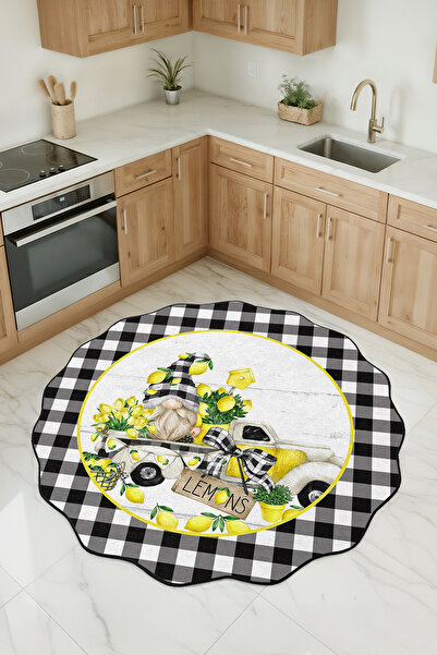 Realhomes Limon Desenli Özel Kesim Yuvarlak Mutfak Halısı - Kaymaz Tabanlı Yı...