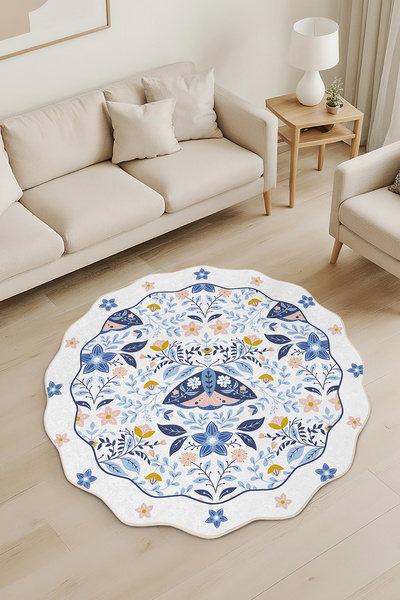 Realhomes Çiçek Motifli Mavi Luka Desenli Özel Kesim Yuvarlak Yıkanabilir Kay...